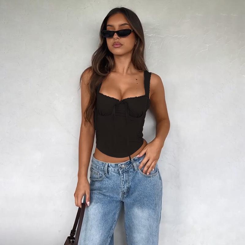 Women Small Fragrance Sexy Slim Fit Lace Trim Solid Color Camisole Top