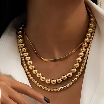 3-teiliges mehrschichtiges flaches Schlangenketten-Halsband für Damen, Vintage-Perlen, goldene Perlen-Halsketten, Party-Modeschmuck für Mädchen