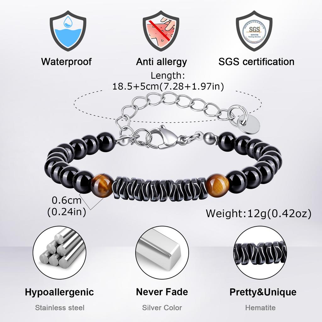 Xiaomi Vnox Men Adjustable Beaded Bracelet, Natural Tiger Eye Obsidian Hematite Stone Stainless Steel Chain Healing Energy Jewelry Gift