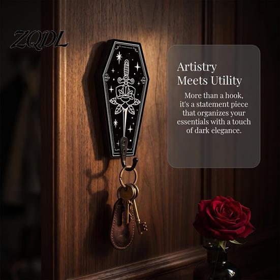 Entrance Hall Storage Halloween Gothic Wooden Wall Hook with Moon Star Skeleton Patterns, Decorative Retro Key Hanger for Bedroom Accessory