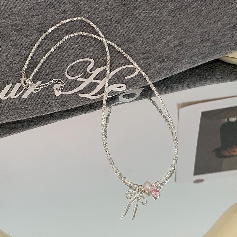 S925 Sterling Silver Pink Heart Bow Pearl Bracelet for Women