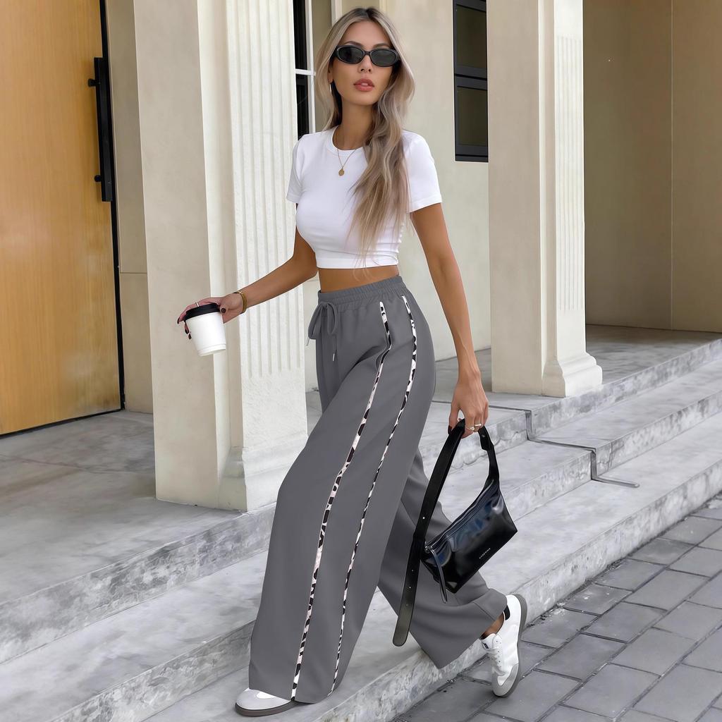 2025 European and American Women's Leopard Print Lace-Up Wide-Leg Casual Pants for Autumn.