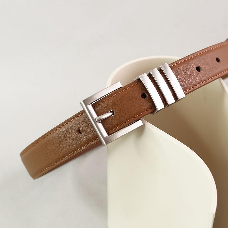 Women'S First-Layer Cowhide Leather Belt, Thin With Jeans, Retro Silver Buckle Leather Handmade Belt