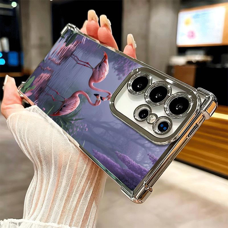 Pink Red Dreamy Flamingo Plating Phone Case For Samsung Galaxy S24 S25 FE S26 Edge S23 Ultra S22 S21 Plus S20 Anti-Fall Airabag