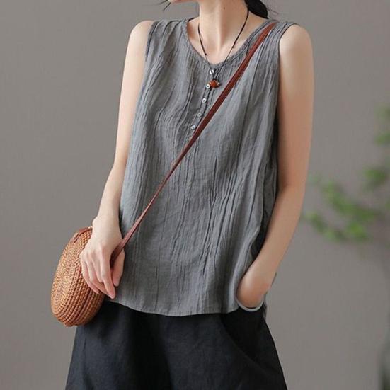Women Summer Vest Round Neck Sleeveless Buttons Decor Tank Tops Solid Color Loose Fit Thin Camisole Streetwear