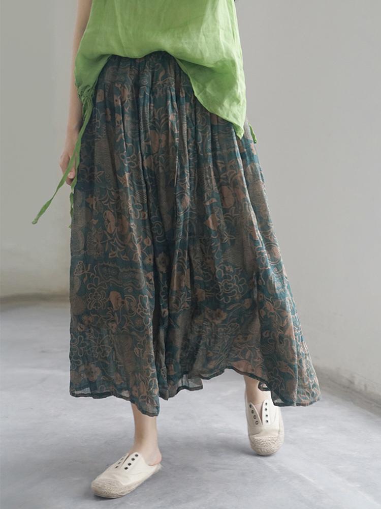 Johnature Dámské vintage potisk květinové ramie sukně elastický pas letní volné měkké vysoce kvalitní dámské sukně