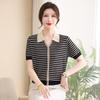 Mom's Summer Striped Ice Silk Knit Top - Tencel Short Sleeve for Middle-Aged & Elderly Women