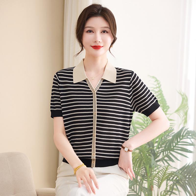 

Mom s Summer Striped Ice Silk Knit Top - Tencel Short Sleeve for Middle-Aged & Elderly Women 4XL (135-150 jin) чёрный
