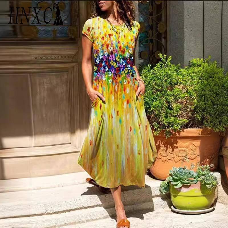 HNXC Women's Fashion Summer Spring Solid Color Print Short Sleeve O-Neck High Waist Casual Dresses
