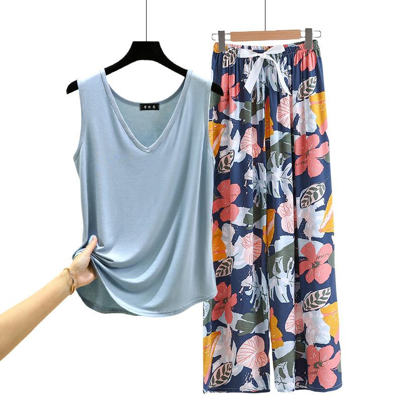 Lockere Modal-Pyjama-Sets Sommer V-Ausschnitt Tanktop und Florale Weite Hosen Lässiger Hausanzug ärmellos Loungewear Übergröße