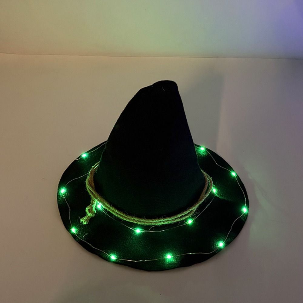 Schwarzer LED-Hexenhut Spitzes Design Gotischer Leuchtender Zaubererhut Breiter Rand Batteriebetrieben Cosplay-Hut Halloween-Party