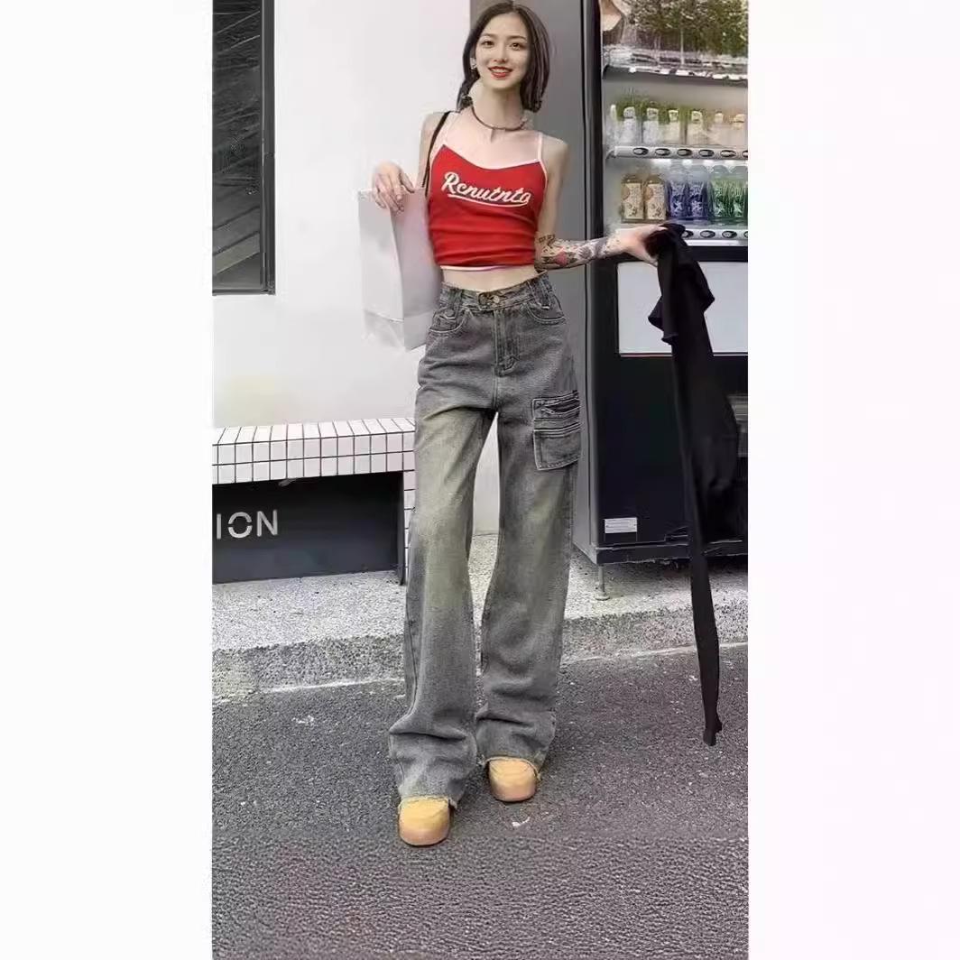 

Women s 2024 American Retro High-Waist Washed Wide-Leg Jeans for Autumn/Winter L