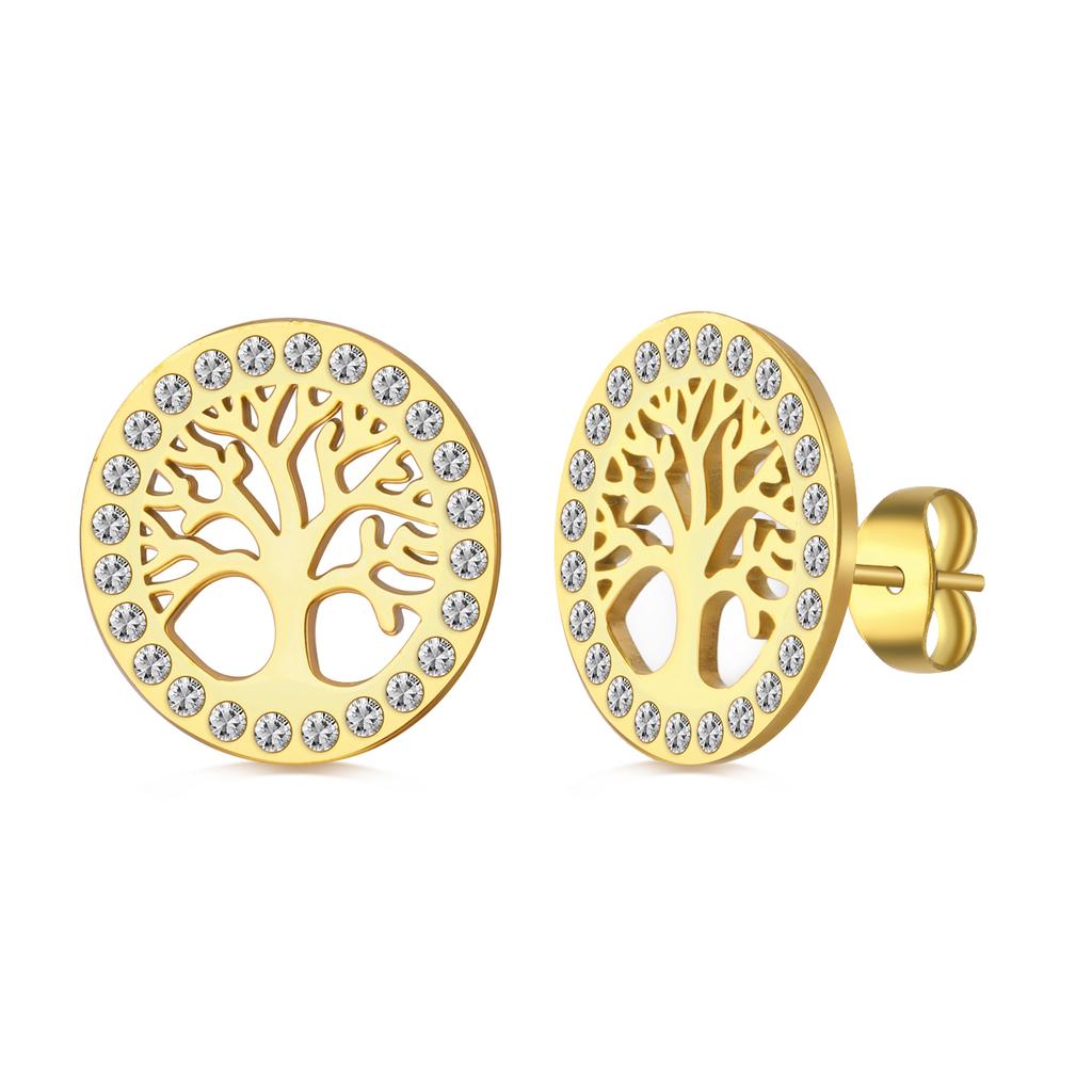 Tree of Life Clear Zircon Round Stud Earring Stainless Steel Gold Color Ear Stud Vintage Amulet Jewelry Valentine Gift