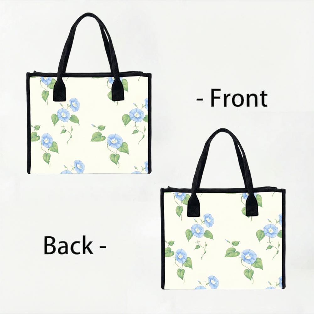 Blue Floral Canvas Tote Bag Casual Daily Portable Handbag for Ladies Shopping