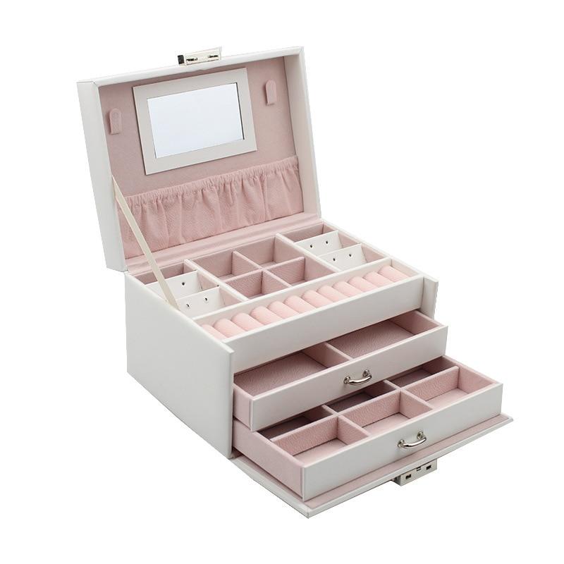 3 Layers PU Jewelry Box Organizer Large Ring Necklace Necklace Holder Cosmetic Leather Jewelry Case with Lock for Women | Storage Boxes and Containers