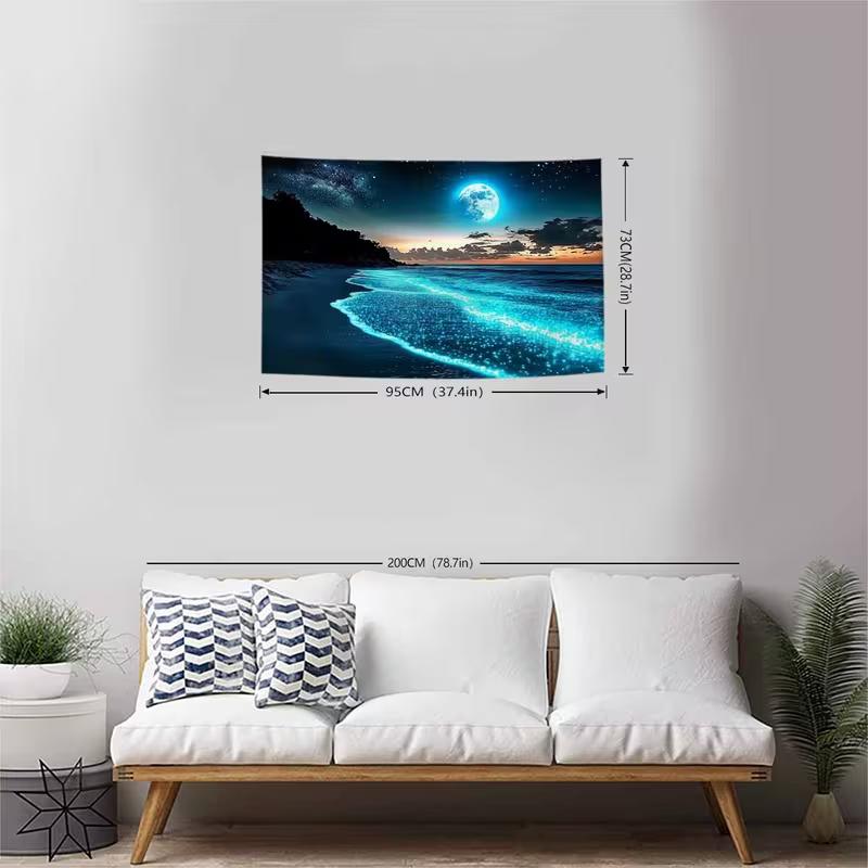 2D Ocean Night Scene Tapestry Glowing Beach Moon Starry Sky Wall Hanging for Home
