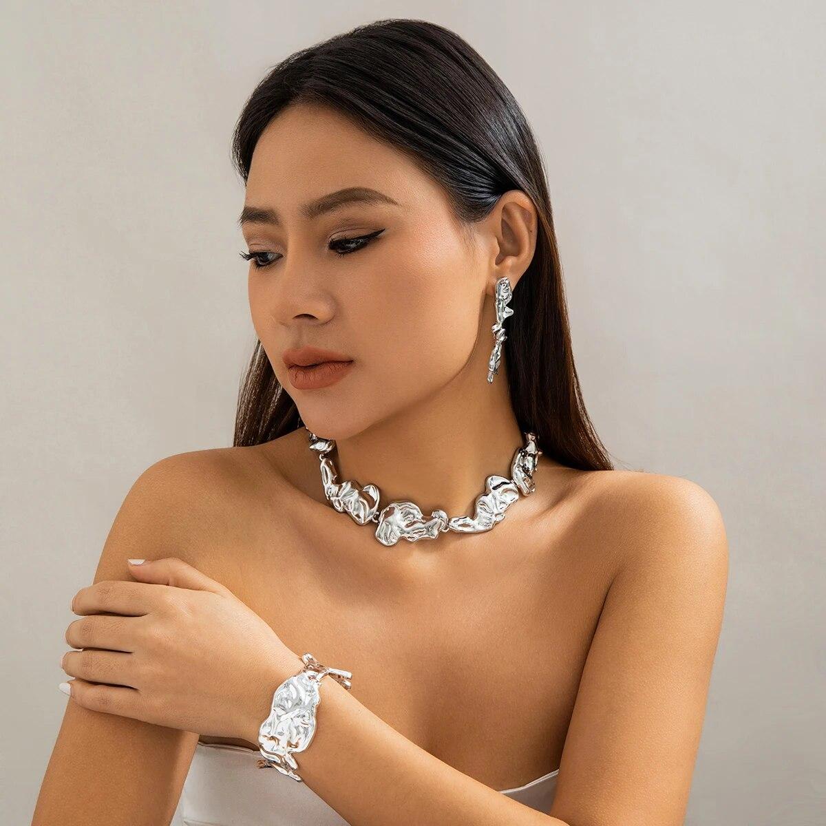 

Unique Creative Irregular Big Heavy Metal Chain Necklace for Women Punk Adjustable Bracelet Earring Grunge Jewelry Set Steampunk