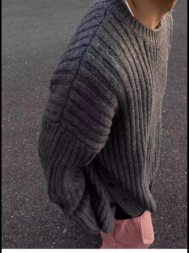 Heren geknoopte ronde hals donkergrijze trui - herfst/winter niche design gebreide jas