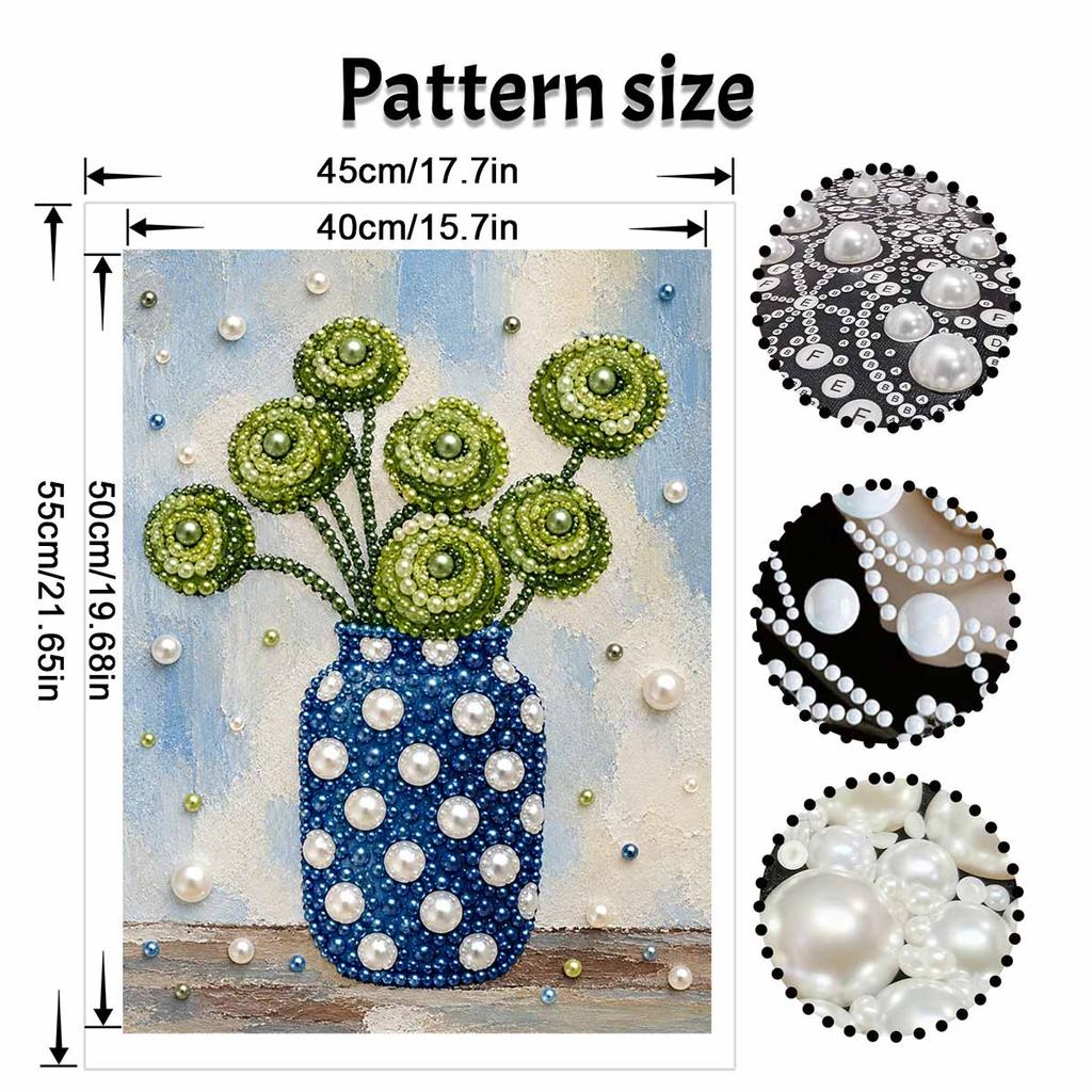 Elegant Framed Pearl Art DIY Set with Green Flower Vase 5D Sparkling Bead Canvas Painting Ready to Display Romantic Home Decor Gift