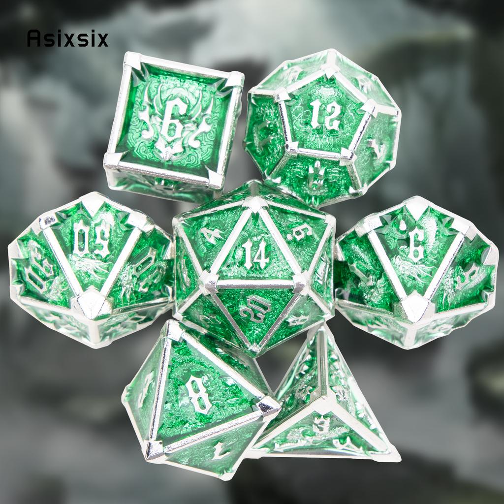 7 Pcs Green White Skull Metal Dice Solid Metal Polyhedral Dice Set Suitable for Role-Playing RPG Board Game Card Game
