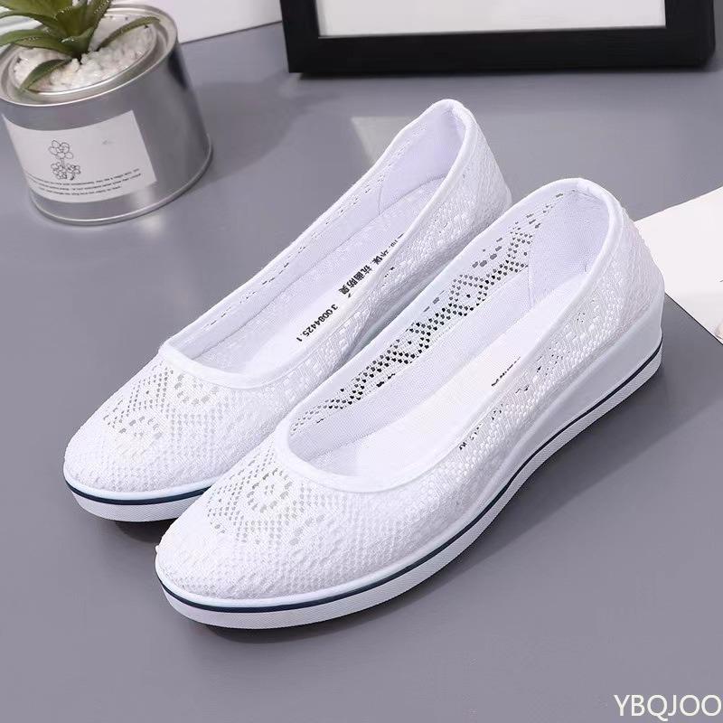 2025 new Summer Mid Wedge Heel comfortable shoes Lace Hollow Breathable Solid color Fashionable Women's Flat Shoes