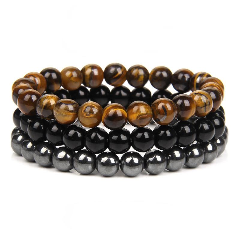 Natural Stone Bracelet Sets 3Pcs/set Obsidian Hematite Tiger Eye Beads Bracelets Men for Health Protection Soul Jewelry