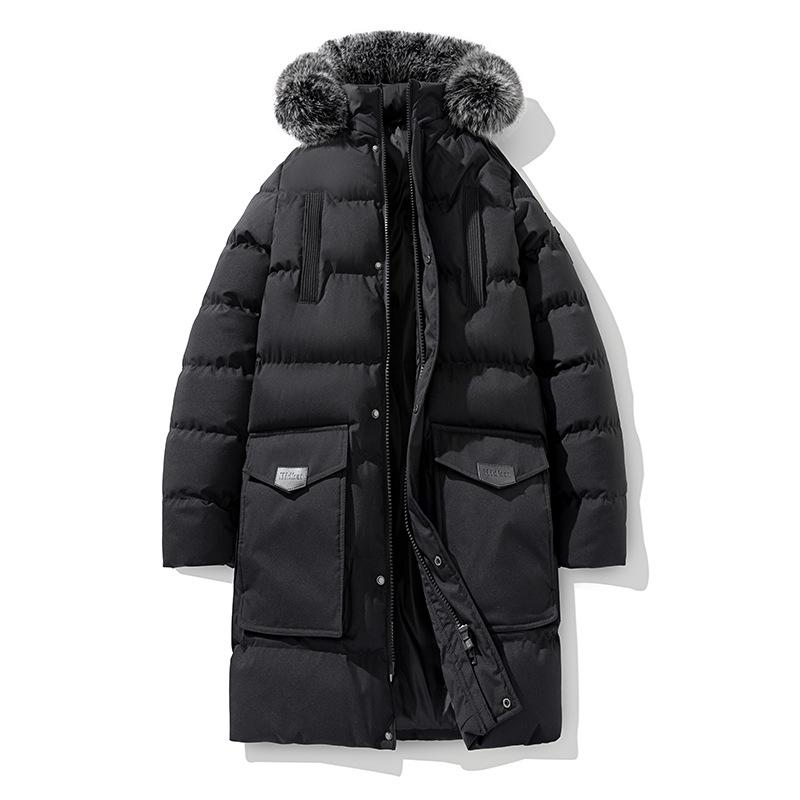 Large Size Men's Jacket Winter Hooded Cotton Jacket Mid-length Cotton Jacket Thickened Warm Large Wool Collar Cotton Jacket
