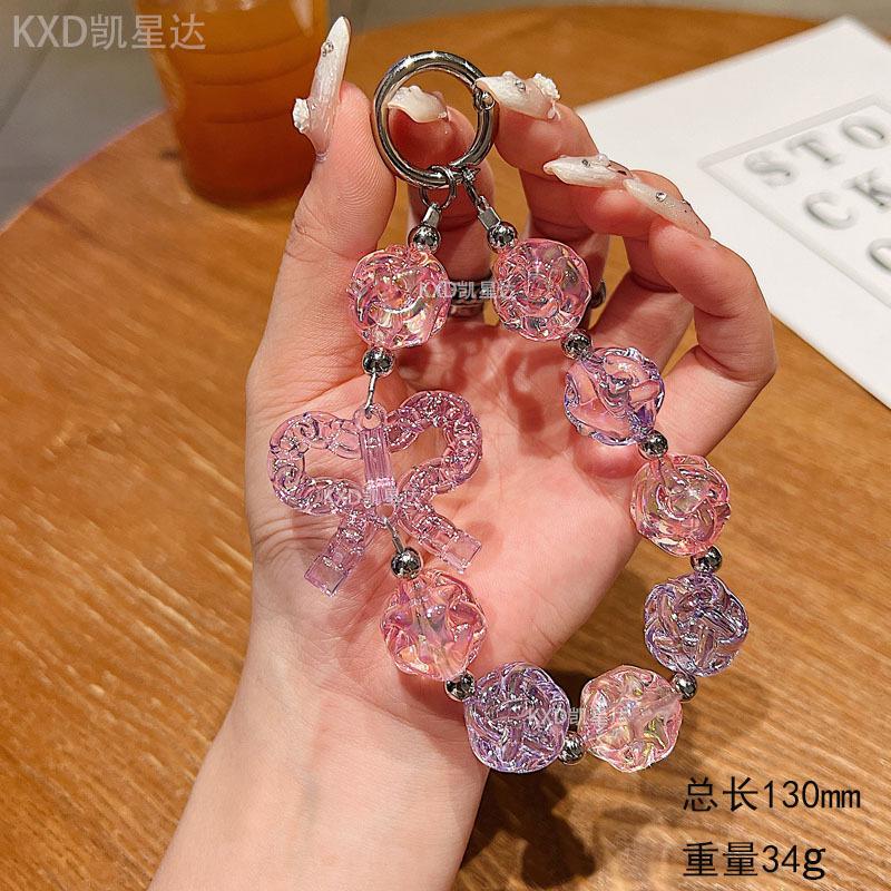 Crystal Transparent Bowknot Beaded Exquisite Flower Short Wrist Pendant Phone Case Earphone Bag Accessories Keychain