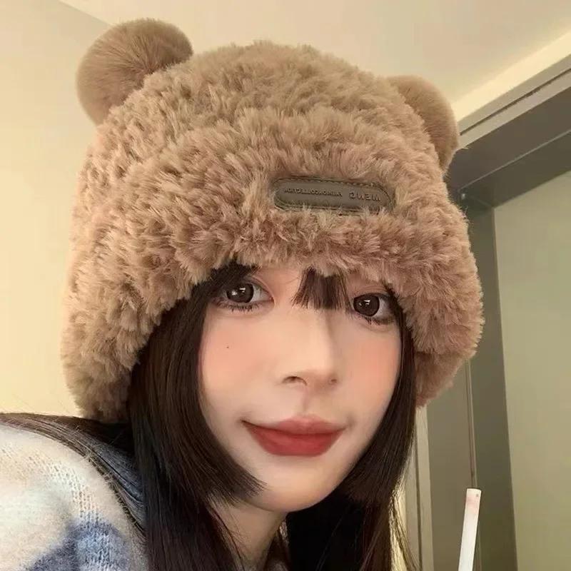 Beanie Hat Cute Plush Bear Knitted Hat Solid Color Casual Ear Protection Cap Winter Warm Coldproof Women Hats Sweet Popular Hat