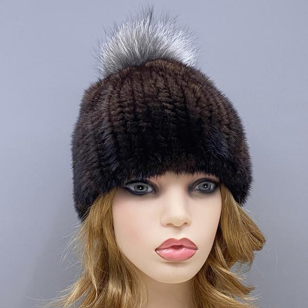 

Women Winter Fluffy Pompom Hat Natural Mink Fur Knitted Fox Beanies Female Warm Stylish Elastic Fur Hat коричневий