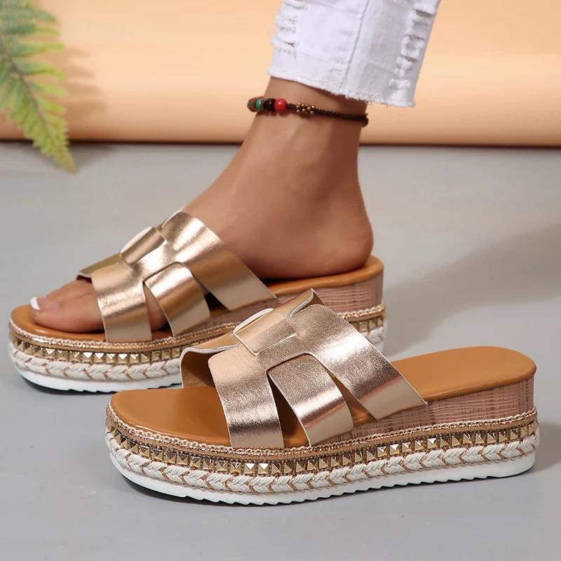 Gold Strap Slip On Sandals Women Summer 2025 Chunky Platform Wedge Heels Shoes Woman Plus Size Rivet Sole Outdoor Slippers Woman