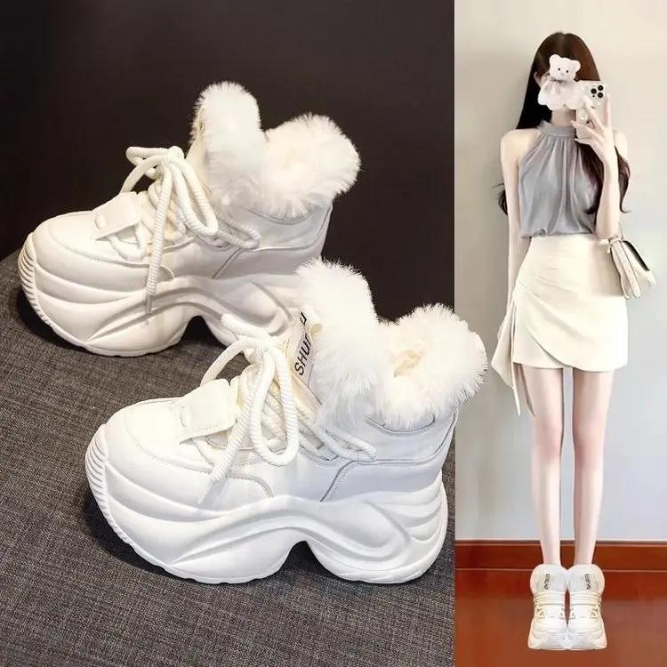 Fashion Winter Women's Boots Warm Increase Height Prevent Slipping Outdoor Snow Boots Comfortable Plush New High Top Lace Up Sneakers