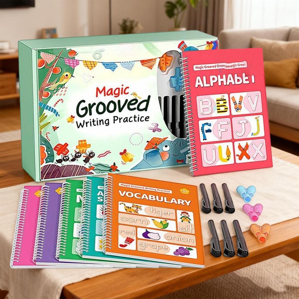 Reusable Grooved Handwriting Practice Book Learn to Write with Pen Grips Magic Copybook for Kids, Toddler Kindergarten