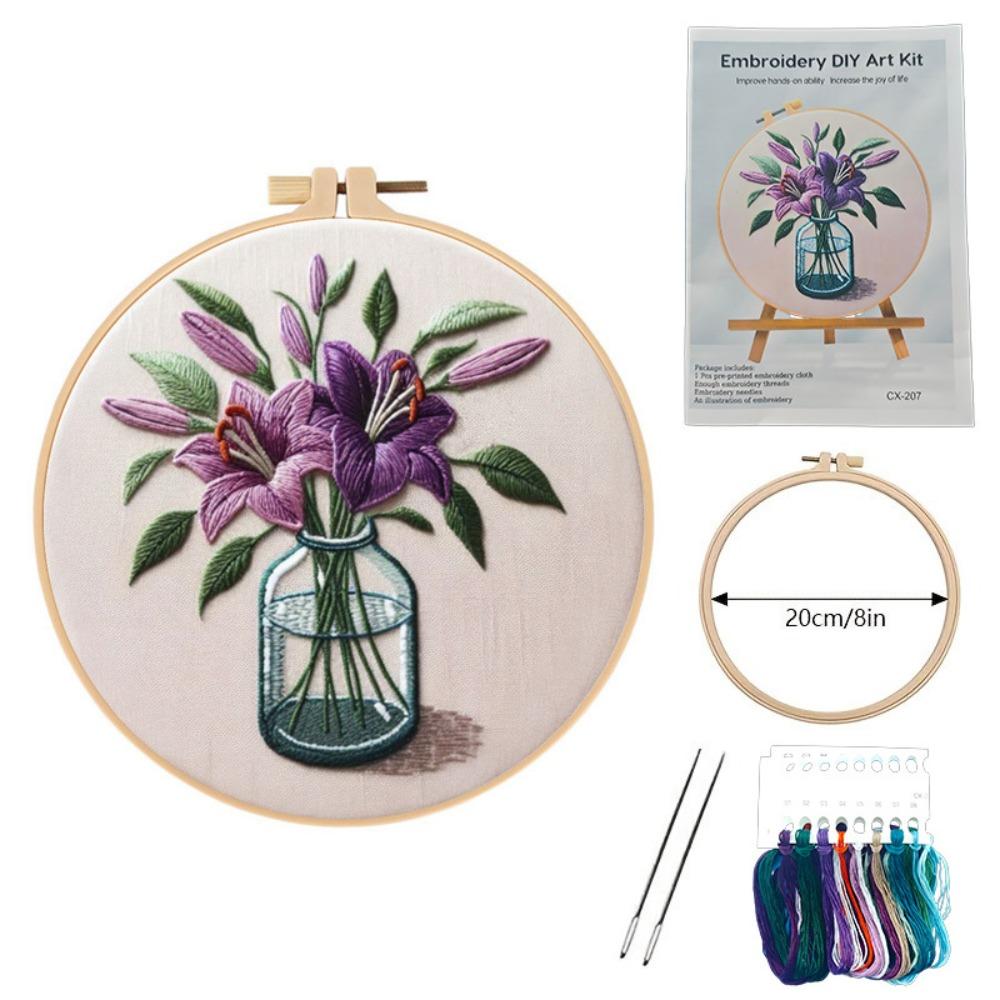 

Elegant 20cm Embroidery Kit Handmade Single-side DIY Embroidery Kit Lily Flower Pattern Cross Stitch Kit For Beginner