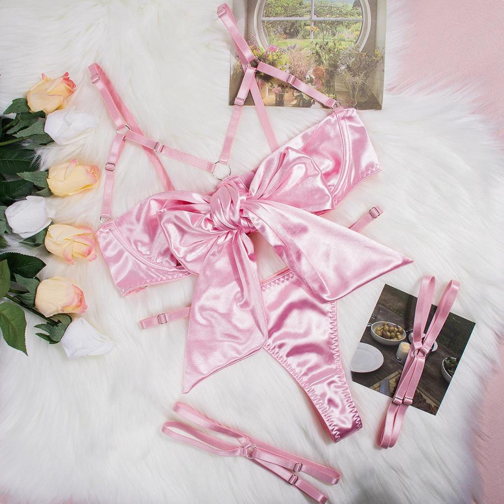 Elegant European & American Bow Hollow-Out Lingerie 3-Piece Underwire Set