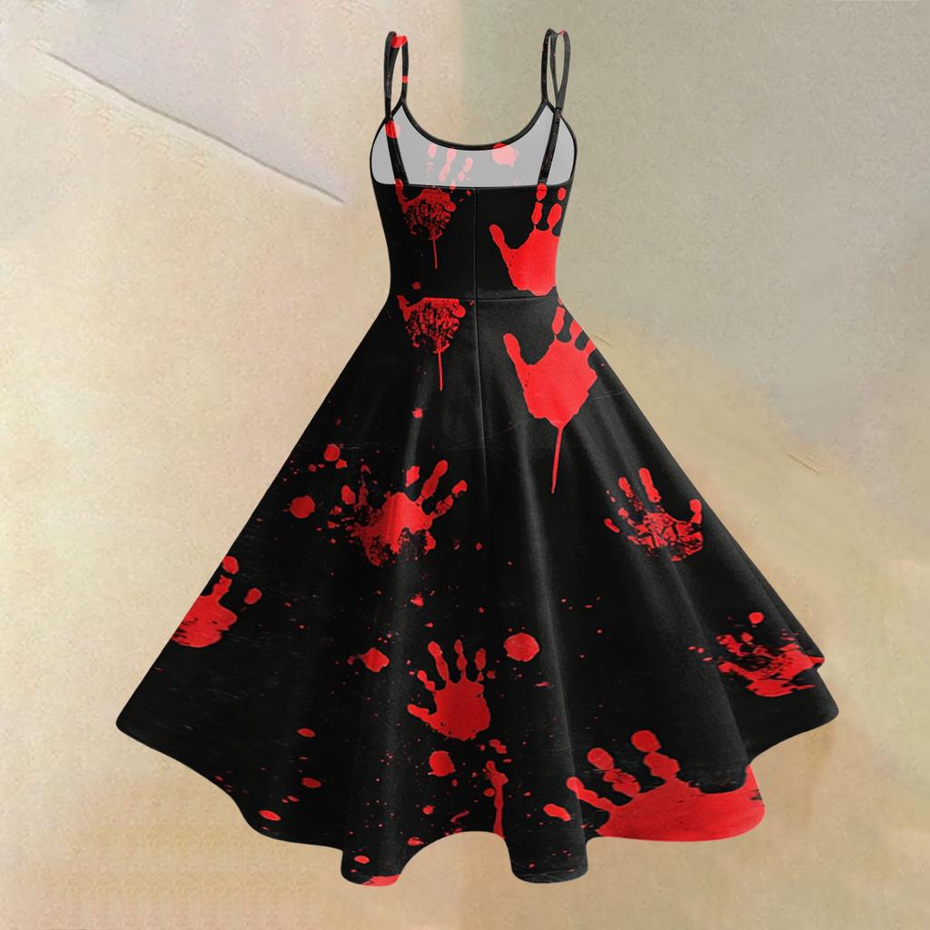 Women's Casual Round Neck Sleeveless Dress with Halloween Print for Party and Daily Wear