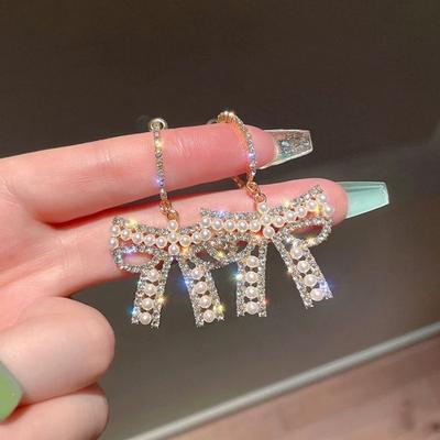 Celebrity Bow Pearl Fringed Earrings Women's Light Luxury High-end Earrings Fashionable Exquisite Versatile Earrings
