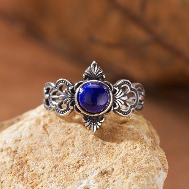 Personalisierter Retro Thai Silber Naturfarbener Schatzring Damen S925 Sterlingsilber Eingelegt mit Nanhong Blauem Gold Jaspis Zeigefingerringe