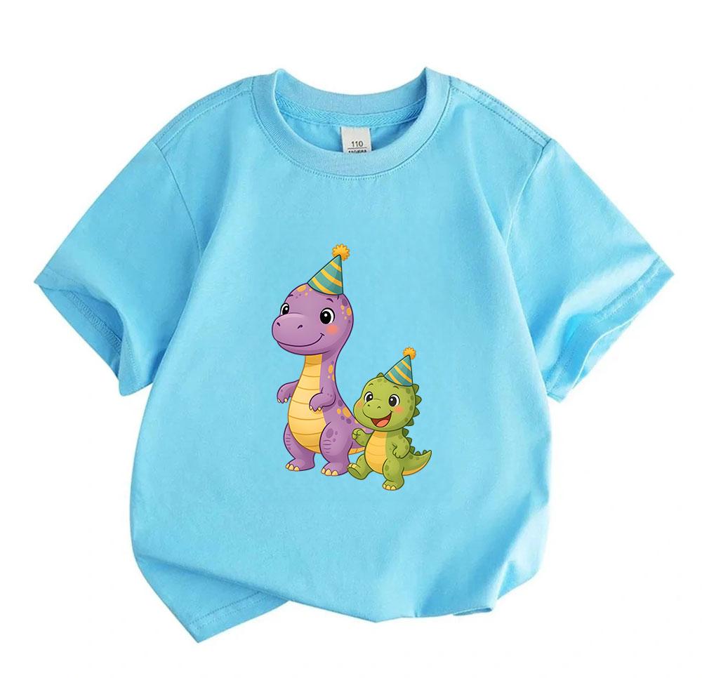Cute Kids Boys Girls 100% Cotton Crew Neck Short Sleeve T-Shirt, Adorable Cartoon Dinosaur with Party Hats Print Casual Lightweight Tee for Children D