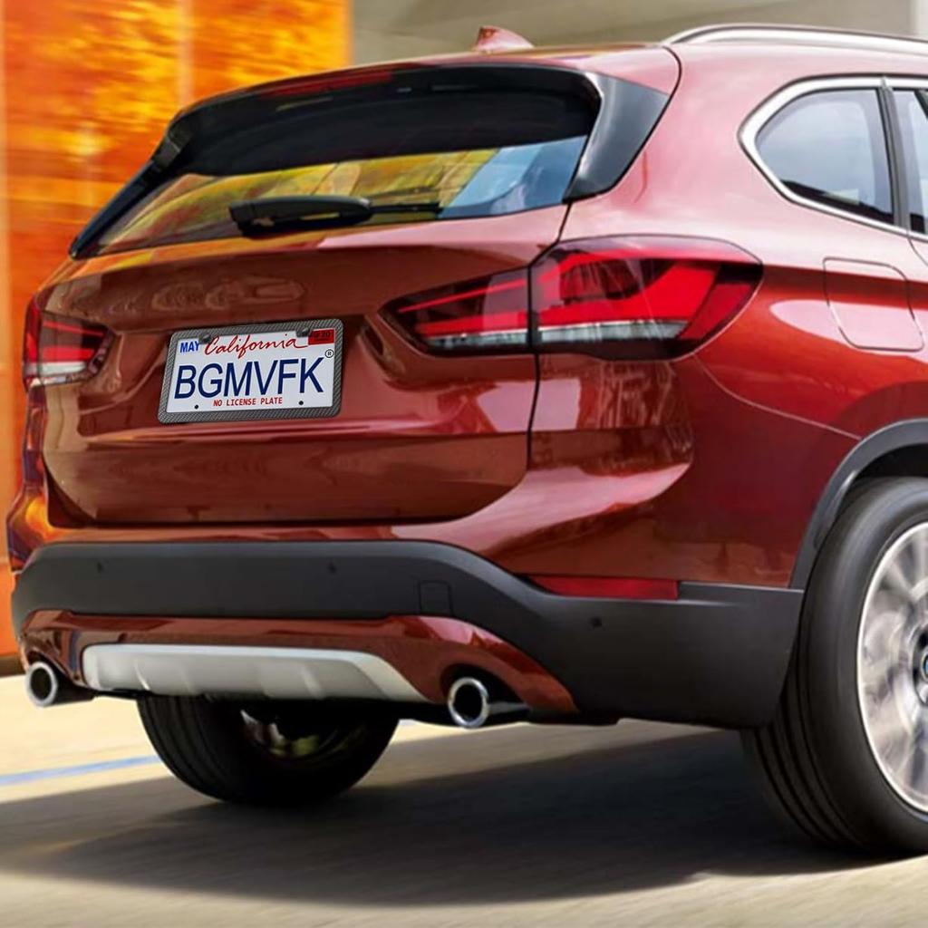 BGMVFK Black Carbon Fiber License Plate Frame- Rust Proof Aluminum Slim Car Tag Holder, Heavy Duty Plate Mount Kit- Screws, Caps Cover, Rattle Proof