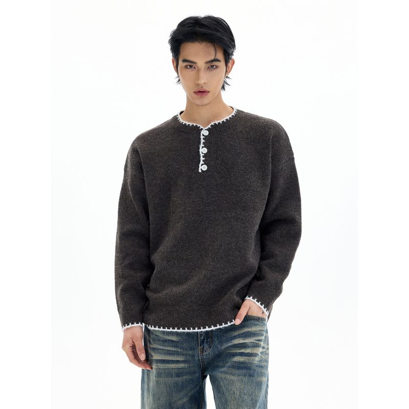 Kisko American-Style Henry Collar Hand-Stitched Wool Blend Knit Sweater for Men and Women, High-End Lazy Base Layer Top