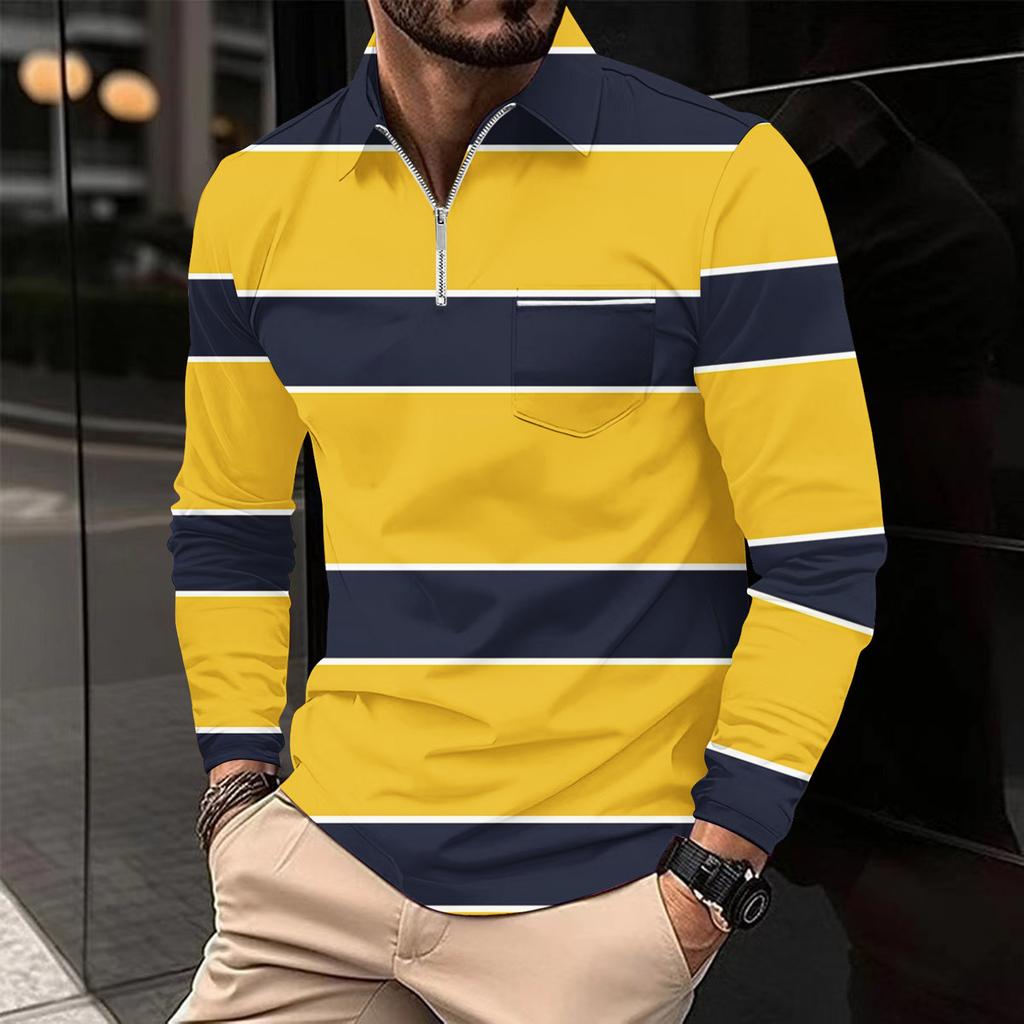 Fashion Polo Shirt Men's Printed Long Sleeve Zip Pocket Sports Polo Shirt Men's Striped Sweatshirt