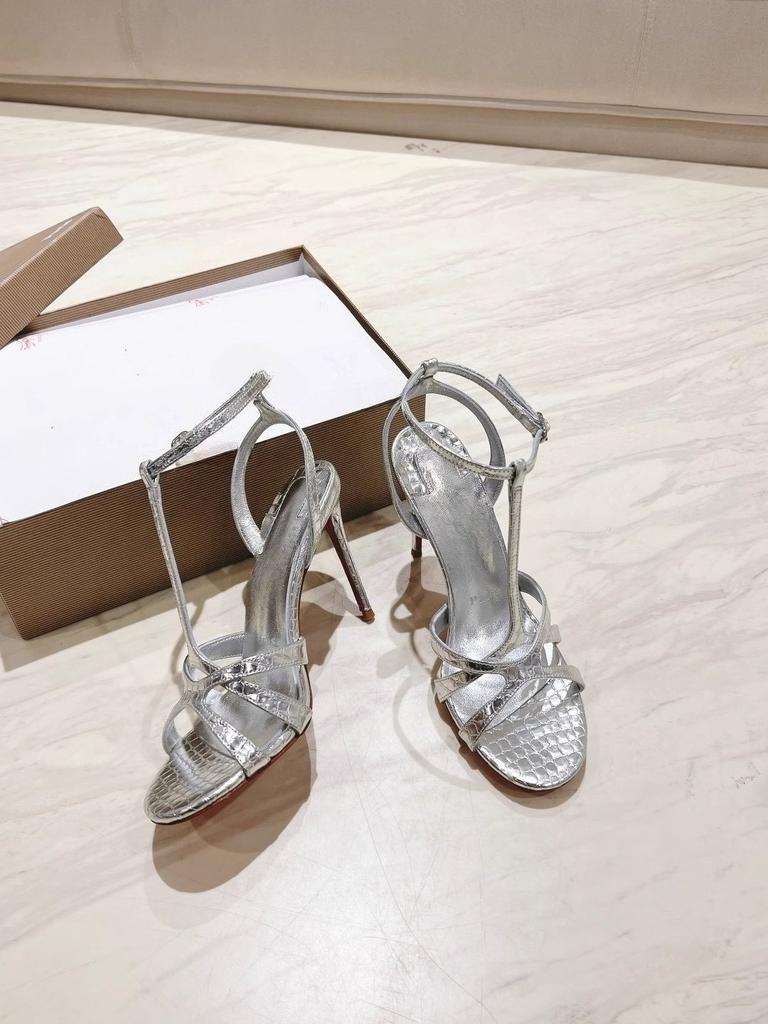 Fashion New slim heel gold French stripe sandals with crossed T-shaped high heels, sexy and elegant socialite women's shoes