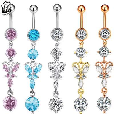 5 Colors Stainless Steel Belly Button Rings Long Dangled Flower CZ Crystal Navel Belly Piercing Rings Body Jewelry for Women