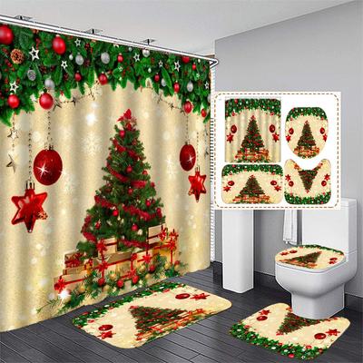 4pcs Christmas Tree Shower Curtain Set  Waterproof Curtain Set With 12 Hooks, Bathroom Rug Toilet U-Shape Mat Toilet Lid Cover Pad