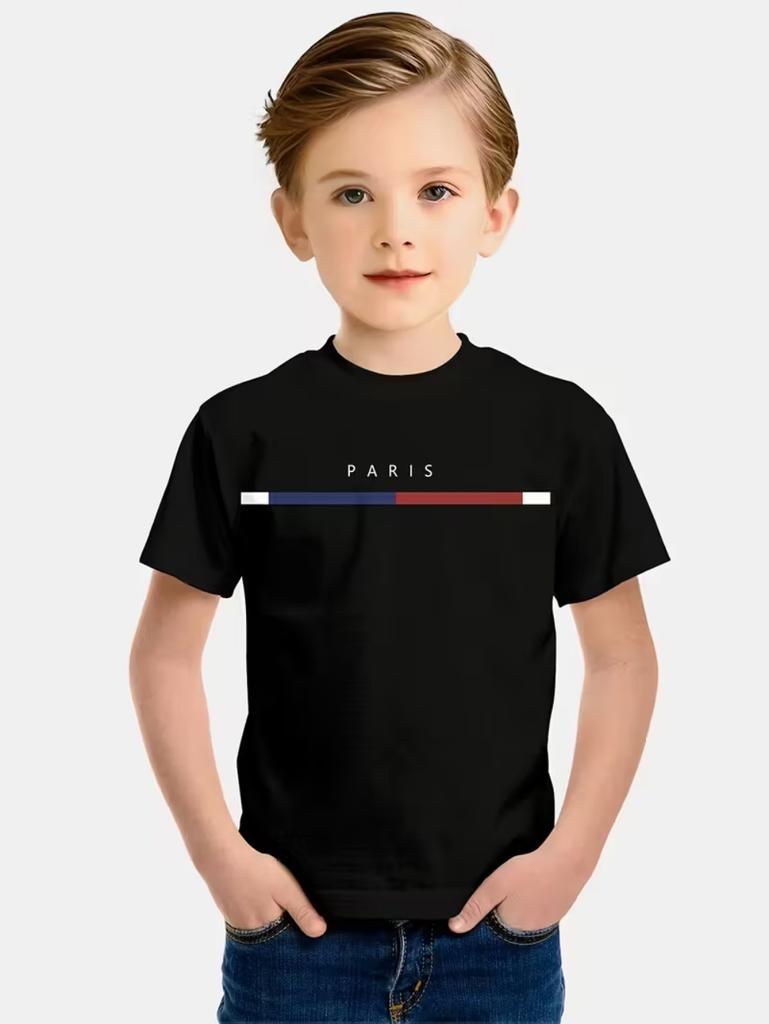 T-shirt da ragazzo Semplice Stampa Lettere Parigi Estiva Manica Corta Magliette Ampie Moda Girocollo Righe Streetwear Abbigliamento Bambini