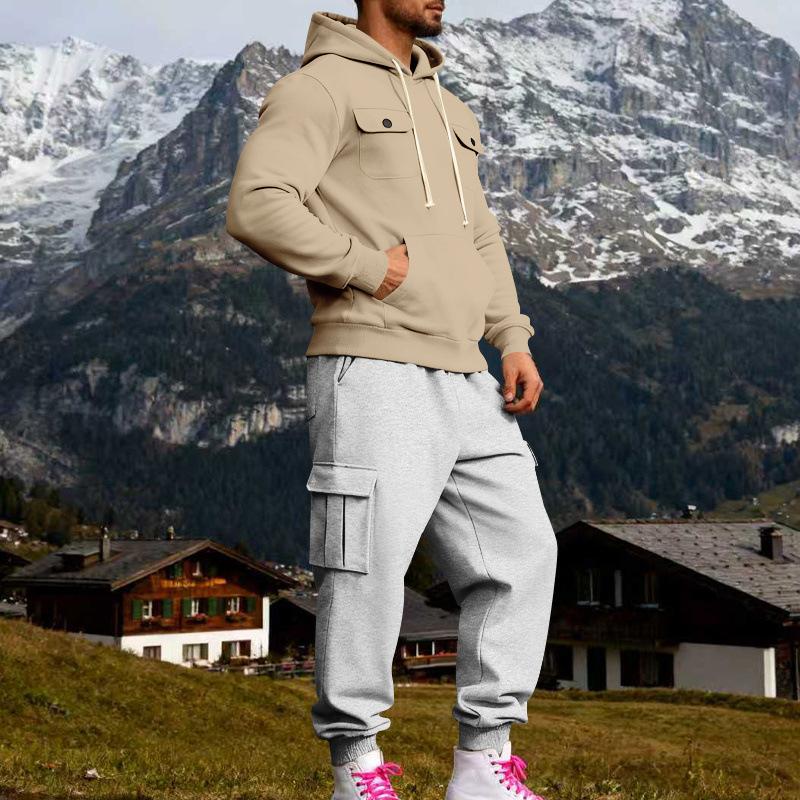 

Men s Grey Pocket Detail Hoodie & Khaki Cargo Jogger Pants 2-Piece Casual Set Sweatpants Suit S хакі