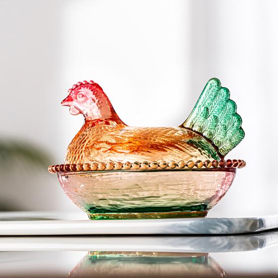 Chicken-Shaped Glass Candy Dish Hen on Nest Dessert Dish with Lid Funny Snack Bowl for Fruits Salads Home Table Decor