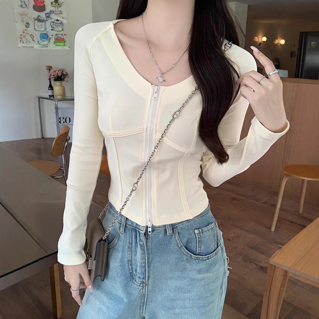 1 * 1 thread 210g, cotton 93% elastane 7% autumn and winter thin zipper V-neck slim fit solid color bottoming shirt top