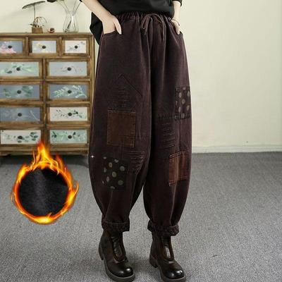 Qianqiu Feiyan Jeans Retrô Patch Cor Frita Plus Veludo Feminino Inverno Cor Sólida Cintura Elástica Cadarço Calças Harem